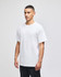 A white short-sleeve t-shirt displayed on a model, featuring a logo on the front.