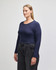 A fitted, long-sleeve crop t-shirt in navy blue, featuring a round neckline and a logo.
