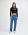 A black long-sleeve crop fitted T-shirt displayed on a model wearing blue jeans. The product features a logo.