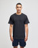A dark grey adult jersey short sleeve t-shirt with a logo on the sleeve, worn by a male model.