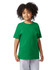A green short sleeve youth jersey t-shirt displayed on a child with curly hair, featuring a logo.