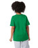 A green short sleeve t-shirt featuring a logo, viewed from the back.