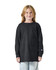 A youth long sleeve T-shirt in black, featuring a logo, worn by a girl with long hair.
