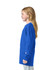 A girl wearing a long sleeve t-shirt in bright blue, featuring a logo on the sleeve.