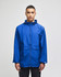 A blue full-zip anorak jacket with a hood, featuring a logo and a front pocket.