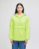 A packable anorak jacket in bright lime green, featuring a hood and a front pouch pocket. Brand logo visible.