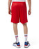 Red mesh sports shorts with pockets, featuring an elastic waistband and a logo on the back.