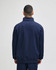 A navy quarter-zip pullover jacket viewed from the back, featuring a high collar and a simple design.