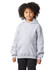 A youth grey pullover hooded sweatshirt with a front pocket and a logo on the sleeve.