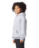 A grey youth pullover hooded sweatshirt with a front pocket and logo branding, showcased on a child.