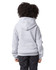 A grey youth pullover hooded sweatshirt with a hood, viewed from the back, featuring a logo.