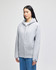 A grey full-zip hooded sweatshirt with a front pouch pocket and a logo on the sleeve.