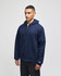 A navy hooded sweatshirt with a full zip, featuring a front pocket and a logo on the sleeve.