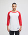 A white and red Champion Adult Raglan Baseball T-Shirt with three-quarter sleeves and a logo.