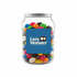 A clear jar filled with assorted jelly beans in various colours, featuring a logo on the front.