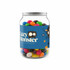 A clear canister filled with assorted jelly beans in vibrant colours, featuring a blue label with a logo.