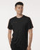 A black men's performance T-shirt with short sleeves, featuring a logo on the garment.