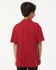 A red performance polo shirt with short sleeves, featuring a logo, viewed from the back on a young model.