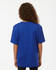 A blue youth performance T-shirt featuring a logo, viewed from the back.