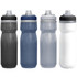 A drink bottle set featuring four colours: black, navy, clear, and white, each with a structured design and a logo.