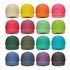 A collection of vintage washed caps in various colours, including yellow, orange, pink, green, and blue, arranged in a grid.