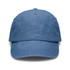 A vintage washed cap in a light blue tone with a curved brim and a stitched front design.