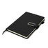 A black diary with a sleek cover and a metallic clasp, featuring an interior with cream pages and a logo.