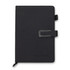 A black weekly diary with a clasp and a logo, featuring a simple and elegant design.