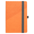 An orange geometric-patterned notebook with a grey elastic band and a bookmark, featuring a logo.