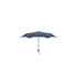 A navy blue umbrella with a curved shape and a black handle, featuring a branding logo on the handle.