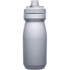 A drink bottle in a sleek, plain grey colour with a screw-on cap and a logo on the side.