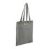 A grey recycled cotton twill tote bag with two shoulder straps and a tag attached. It features a logo.