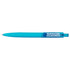 A turquoise ballpoint pen with a textured grip, featuring a branding logo.