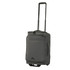 A grey wheeled duffle bag with a telescopic handle and multiple zippered compartments, featuring a logo.