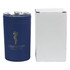 A navy drink bottle with a clear lid beside a plain white box. The bottle features a logo.