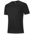 A black t-shirt with short sleeves and a round neckline, featuring a logo on the chest.