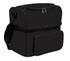 A black insulated bag with a zippered top and front pocket, featuring a detachable strap and a logo.