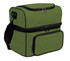 A green insulated bag with black zippers and a shoulder strap, featuring a main compartment and a front pocket.