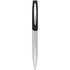A sleek metal ballpoint pen in chrome and black with a stylish design and a logo on the barrel.