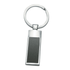 A silver keyring with a rectangular black panel. It features a smooth, polished finish and a simple design.