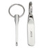 A silver keyring with a simple design and a small branding logo. Suitable for gifting in office settings.