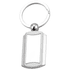 A silver metal keyring with a rectangular tag design. It features a branding logo on the tag.