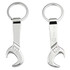 A keychain in the shape of a shiny silver wrench, featuring a circular ring for attachment and a branding area.
