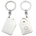 A keyring featuring two metal tags, one shaped like a card and the other with a circular cutout. It has a logo.