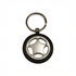 A keychain shaped like a steering wheel, featuring a silver centre and black tyre-like outer ring.