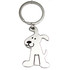 A keychain featuring a silver, cartoon-style dog design with a smiling expression and protruding ears.