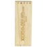 A wooden wine bottle holder with an engraved design, featuring a logo and a natural wood finish.