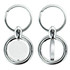 A keyring featuring a sleek, silver design with two interlocking circular rings and a central, flat section.