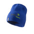 A blue unisex beanie with a logo on the front, featuring a snug fit design.