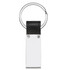 A keyring with a rectangular metal tag, featuring a black leather strap and a silver keyring.